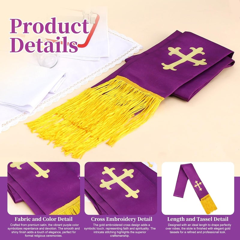 Brilucky Clergy Stole for Men Church Supplies,Choir Stole with Cross for Wedding Officiant Priest Robe Accessories,Baptism Catholic Church Priest Mass Stoles Accessories,Purple Cloth for Easter Cross - Image 2